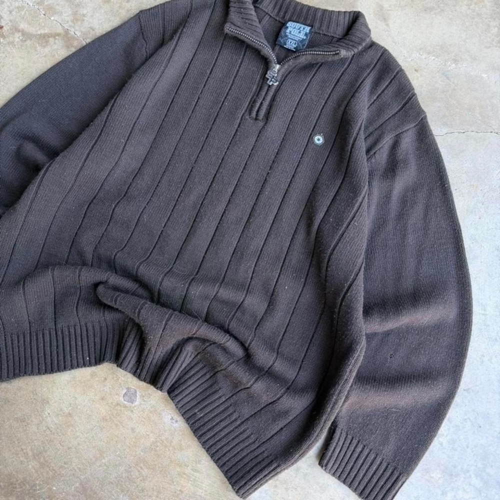 South Pole ribbed quarter zip up sweater brown y2k mens size 2XL - Picture 2 of 7